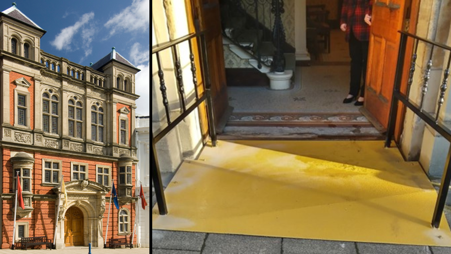 Left: One of the legislative buildings of the Isle of Man. Right: A yellow ramp at the entrance to the building.