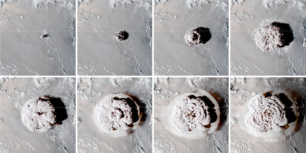 A sequence of still images from the GOES-17 satellite shows the Tonga plume at various stages on January 15, 2022. Joshua Stevens/Kristopher Bedka/Konstantin Khlopenkov/NASA Langley Research Center/NOAA GEOS-17/NESDIS